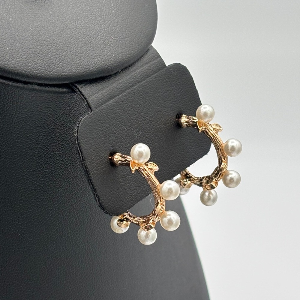 Gold Tone Hoop Earrings Womens White Faux Pearl Textured Twig Design